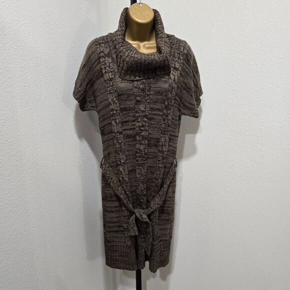 Brown Belted Cable Knit Funnel Cowl Neck Sweater Dress Womens Sz LP Short Sleeve - Picture 6 of 9